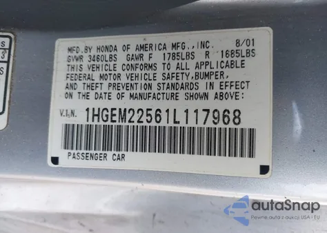 2001 Honda Civic Lx z USA, uszkodzony, nr VIN 1HGEM22561L117968